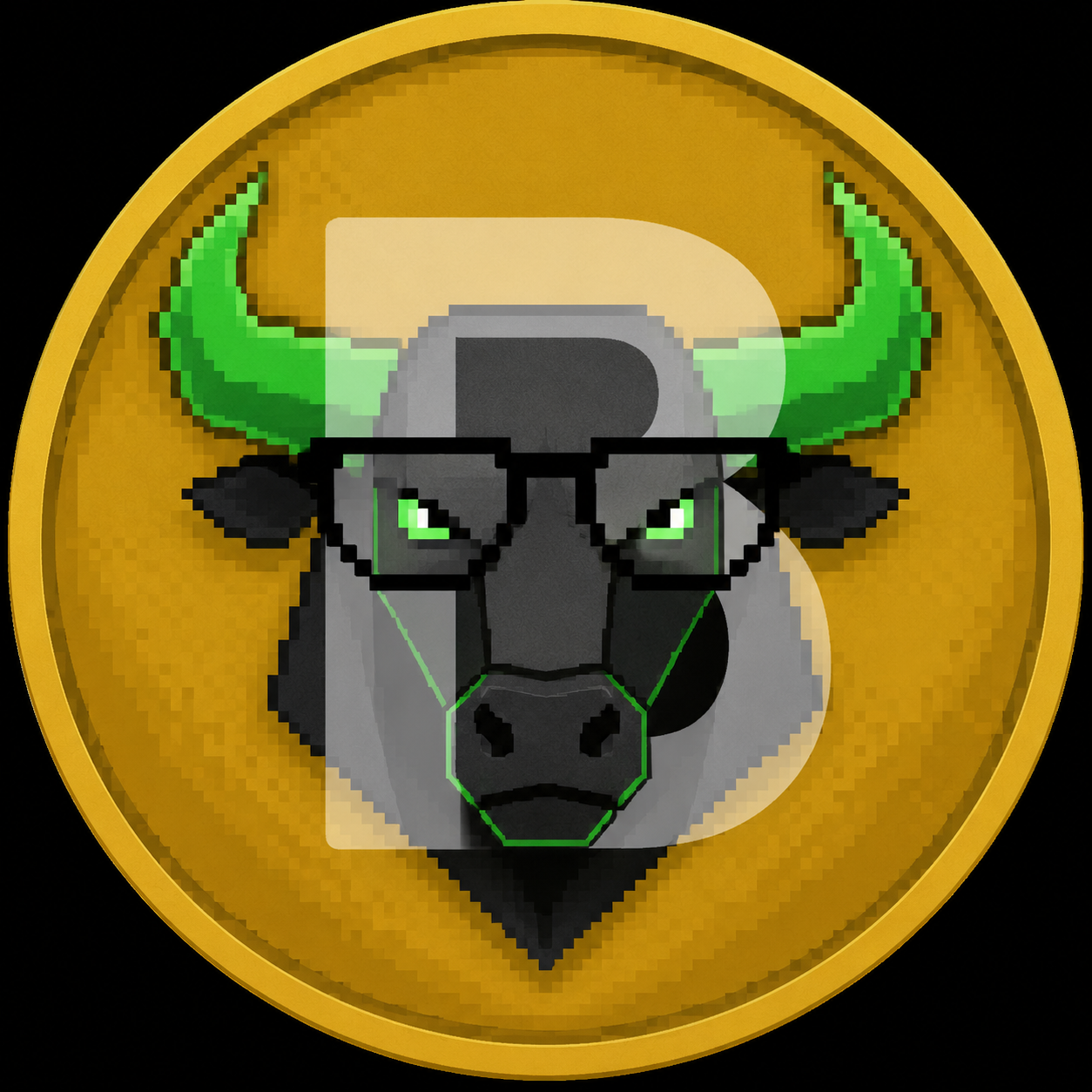 The Black Billy coin mark: faceted graphite bull head with emerald horns