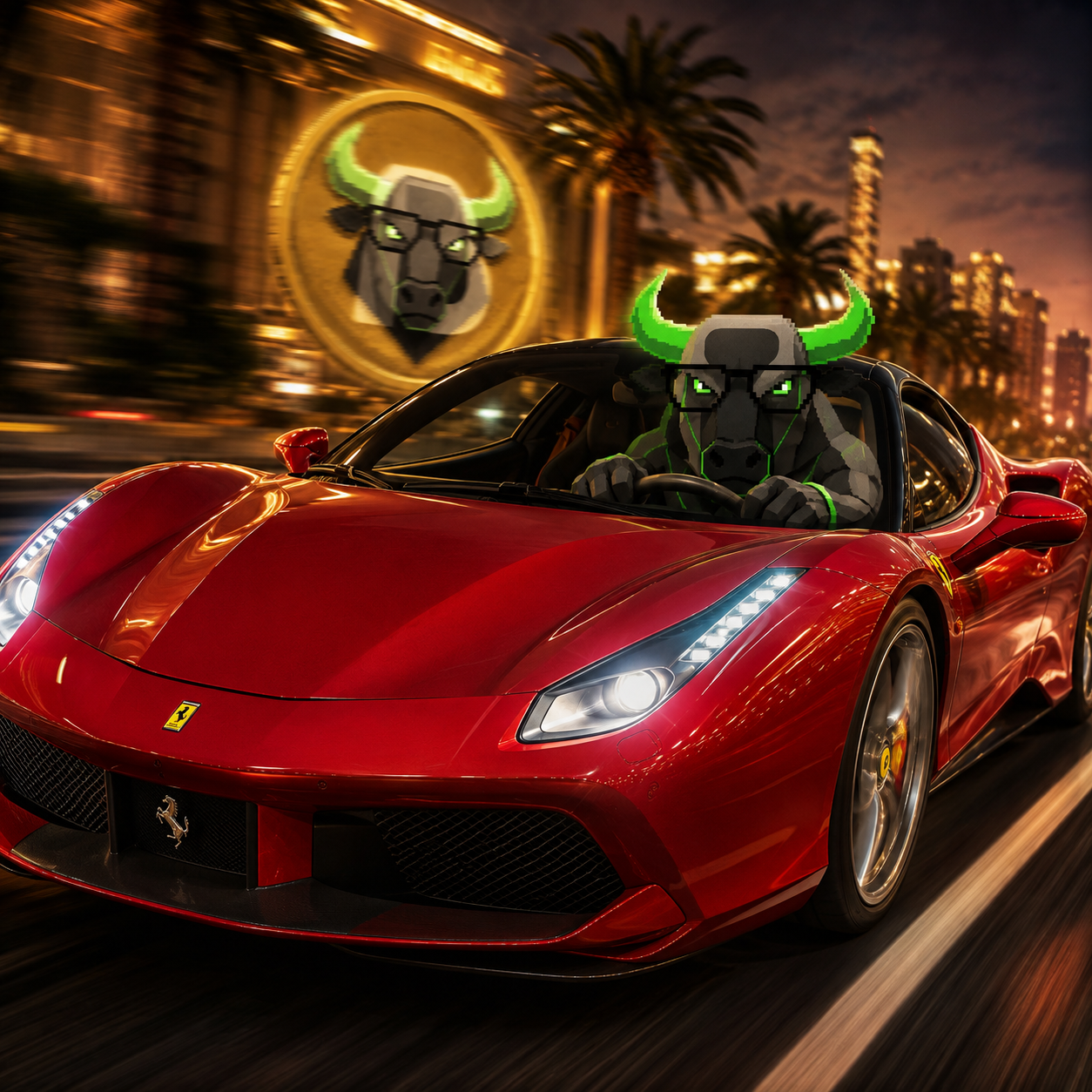 The mascot driving a red sports car through a palm-lined city street at night