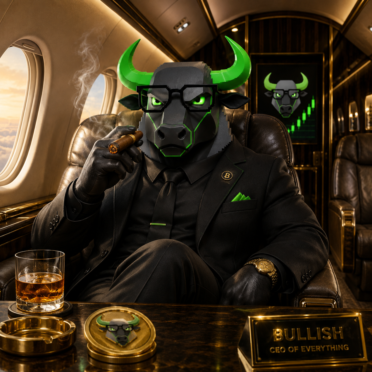 The mascot seated in a private jet cabin at sunset, matte black suit and cigar