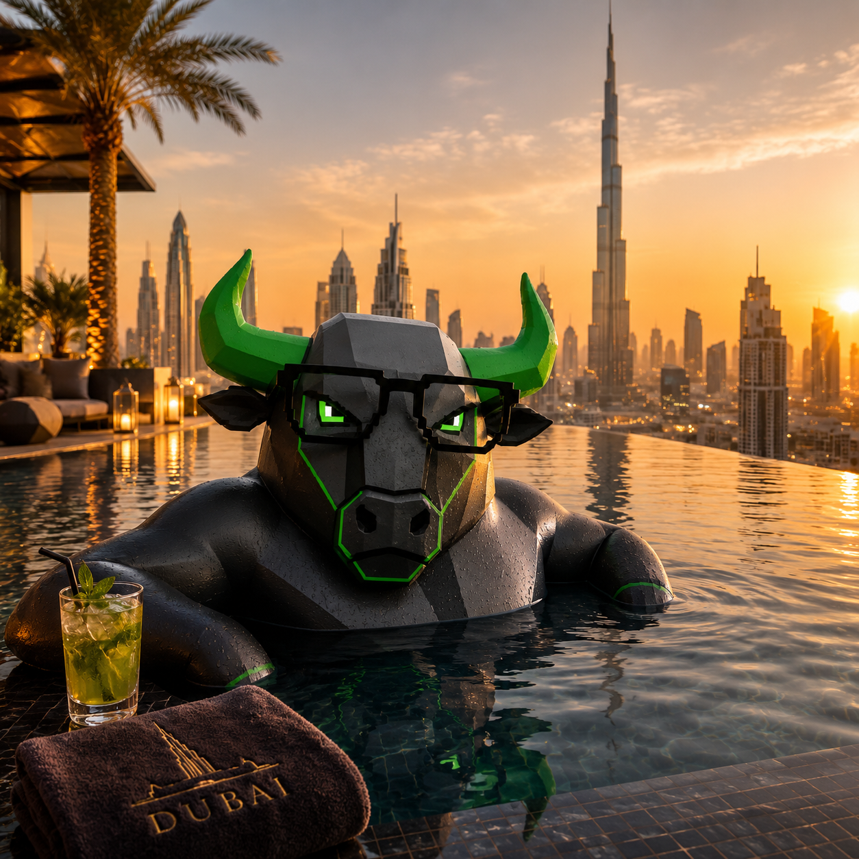 The mascot resting in a rooftop infinity pool overlooking a city skyline at sunset